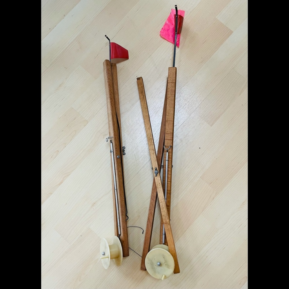 Vintage Lot (2) Never-Fail ice fishing wooden tip ups